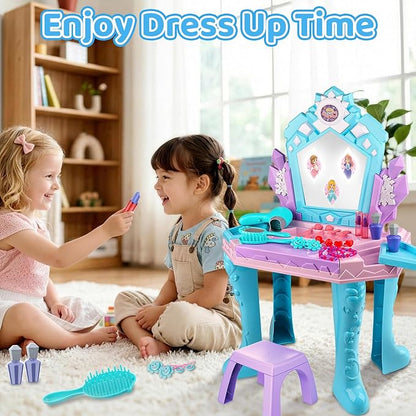 Toddler Frozen Vanity Table and Chair, Girls Magic Makeup Set with Mirror and Lights & Music, Kids Pretend Play Toys for 2 3 4 5 Year Old Girl Princess Dress Playset Birthday Gifts Ages 2-4 3-5