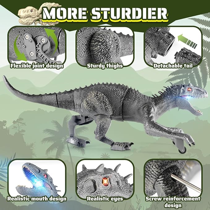 Remote Control Dinosaur, Realistic Dinosaur Toys for Kids 3-5, 2.4GHZ, Walking,Rechargeable, 3D Eyes, 3 Sound Effects, Demo Function, Jurassic Toys for Christmas, Kids 3+，Gray, Large Size