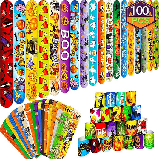 Halloween Slap Bracelets for Kids, 100 Halloween Bracelet Toys Bulk For Kids Girls Boys, Trick or Treat Party Favors, Exchanging Gifts, Classroom Prizes, Halloween Party Gift Treat Bag Filler Supply