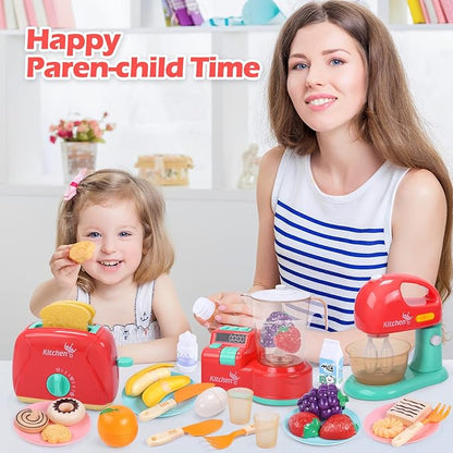 CUTE STONE Toy Kitchen Appliances Playset, Kids Kitchen Toy Mixer and Blender with Sound & Lights, Play Toaster, Cutting Play Food, Toddler Play Kitchen Accessories Set for Boys Girls