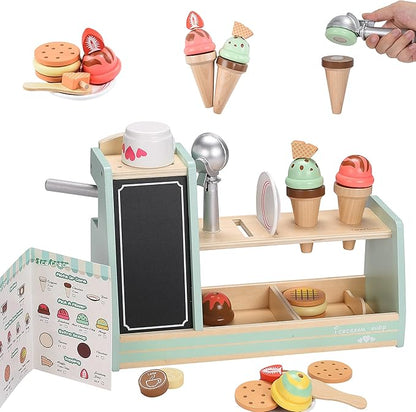 Giant bean Wooden Ice Cream, Coffee and Frozen Treat 3-in-1 Counter Playset, 25 PCS Toddler Pretend Play Kitchen Accessories, Kids Wooden Toys for 1+, Christmas Birthday Gift for Kids