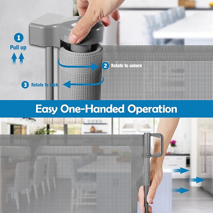 90 Inch Extra Long Baby Gate Retractable Dog Gate Outdoor Gates for Decks Indoor Child Gates for Wide Openings Extra Wide Retractable Baby Gate Retractable Gate Long Dog Gate for Doorway, Porch, Gray