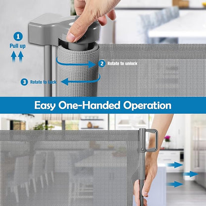 90 Inch Extra Long Baby Gate Retractable Dog Gate Outdoor Gates for Decks Indoor Child Gates for Wide Openings Extra Wide Retractable Baby Gate Retractable Gate Long Dog Gate for Doorway, Porch, Gray