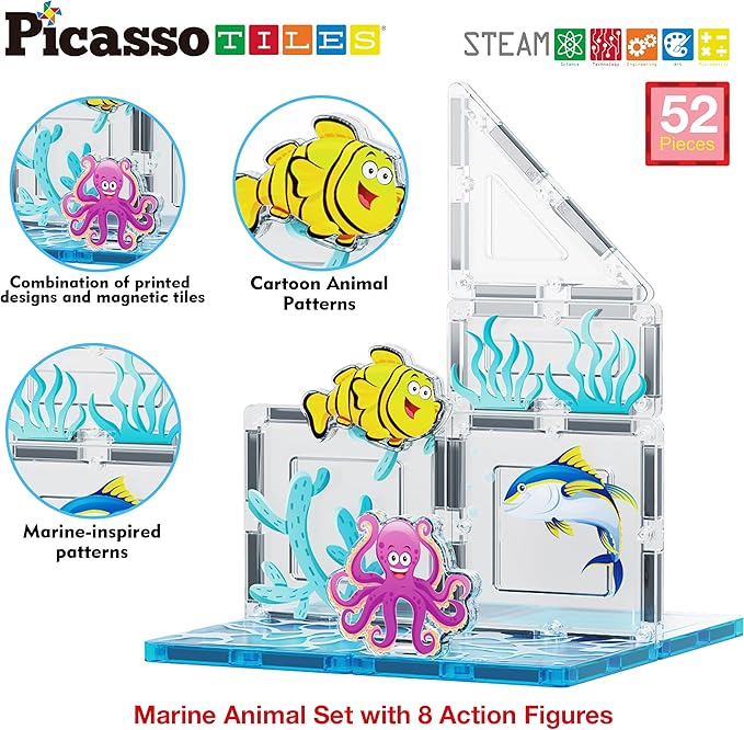 PicassoTiles Magnet Tiles Magnetic Building Blocks Aquarium Marine Animal Theme Set with 8 Character Action Figures Shark Crab Turtle STEM Toys Construction Preschool Toddlers Kids Boys Girls 3+ PTQ15