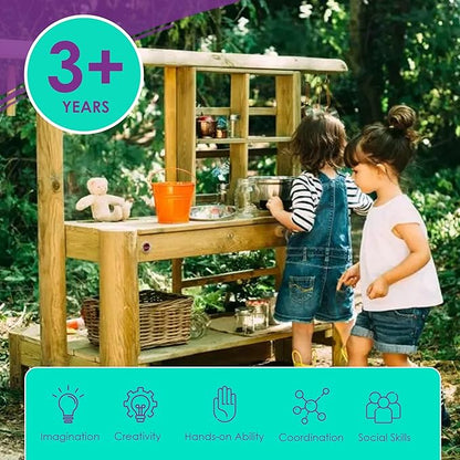Plum Discovery Mud Pie Kitchen for Kids Outdoor Toys - Play Toy Kitchen with Accessories, Wooden Kids Kitchen Playset, with Built-in Gardening Planter and Painting Easel for Kids Age 3+