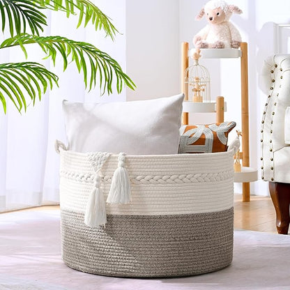 67L Large Blanket Basket, 20"x13" Woven Storage Baskets With Handle, Cotton Rope Blanket Basket Living Room, Baby Laundry hamper for Blanket, Nursery, Toy, Pillow (White & Grey)