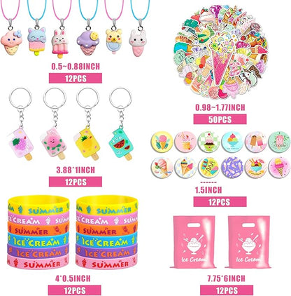 110 PCS Ice Cream Party Favors Cute Ice Cream Necklace Goodie Bags with Keychains, Stickers, Rubber Bracelets, Button Pins and Bags for Summer Themed Birthday Party Baby Shower