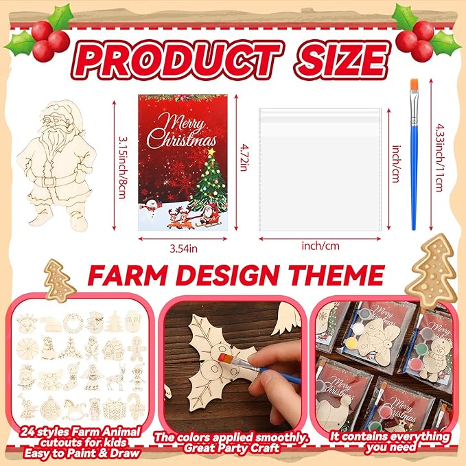 24 Pcs Christmas Party Favors Wooden Painting Craft Kits Birthday Party Supplies with Organza Bag for Goodie Bags Fillers Adult Thank You Gifts