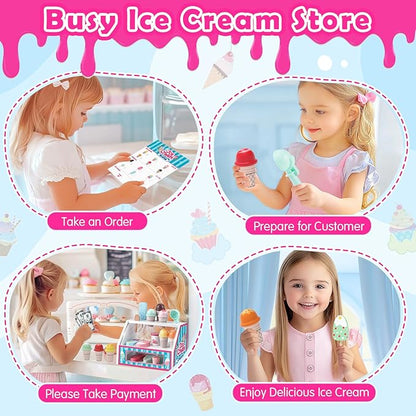 Wooden Ice Cream Toys Kids Toy Food for Toddler Girls 3+, Ice Cream Shop Playset, Pretend Play Kitchen Toys with Display Counter & Fake Money - Wooden Food Toys for 3 4 5 Year Old Girls Boys Birthday