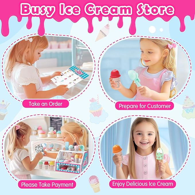 Wooden Ice Cream Toys Kids Toy Food for Toddler Girls 3+, Ice Cream Shop Playset, Pretend Play Kitchen Toys with Display Counter & Fake Money - Wooden Food Toys for 3 4 5 Year Old Girls Boys Birthday