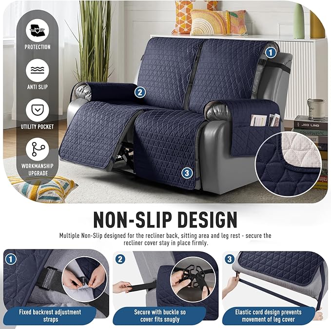 TAOCOCO 100% Waterproof Loveseat Recliner Cover-Recliner Cover with Non-Slip Granule, Recliner Chair Covers with Elastic Band,Washable Recliner Chair/Protector for Pets(Dark Blue, 2 Seater)
