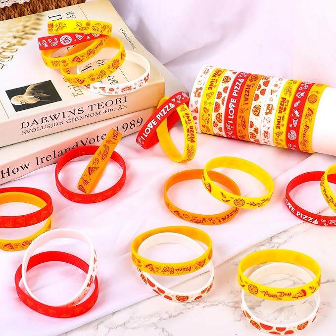 48Pcs Pizza Party Wristbands Silicone Bracelets Pizza Birthday Party Supplies Pizza Theme Stretch Bracelets Gifts for Women Men Teen Pizza Party Favors School Prizes, 8 Styles