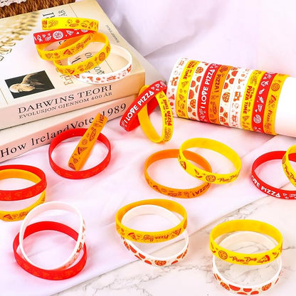 48Pcs Pizza Party Wristbands Silicone Bracelets Pizza Birthday Party Supplies Pizza Theme Stretch Bracelets Gifts for Women Men Teen Pizza Party Favors School Prizes, 8 Styles