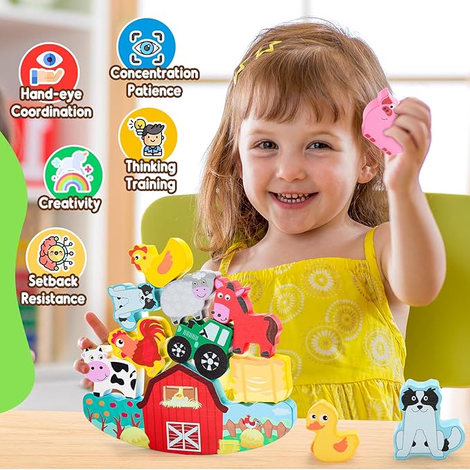 Montessori Toys for Kids 3-7 Wooden Farm Animal Blocks Stacking Games Toy for 3 4 5 6 Year Old Girls Boys Birthday Gifts Toddler Educational Toys Balance Game for Boy Girl Age 2-4