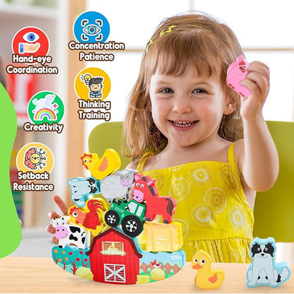 Montessori Toys for Kids 3-7 Wooden Farm Animal Blocks Stacking Games Toy for 3 4 5 6 Year Old Girls Boys Birthday Gifts Toddler Educational Toys Balance Game for Boy Girl Age 2-4
