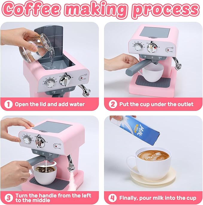 CUTE STONE Toy Coffee Set , Kids Coffee Maker Toy with Sound and Light, Realistic Steam, Play Kitchen Set with Play Food, Toddler Toy Kitchen Accessories for Girls Boys