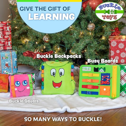 Buckle Toys Busy Board - Montessori Learning Toy for Toddlers Road Trip Essentials - Foam Sensory Board - Develop Fine Motor Skills - Green