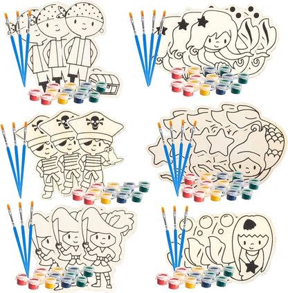 Valentines Cards for Kids Classroom -Mermaid & Pirate Wood Painting Kits (24ct)-Great Valentine's Day Gifts for Kids School Exchange -Each Valentine has Craft, Paints, Brush & Sticker for Boys & Girls