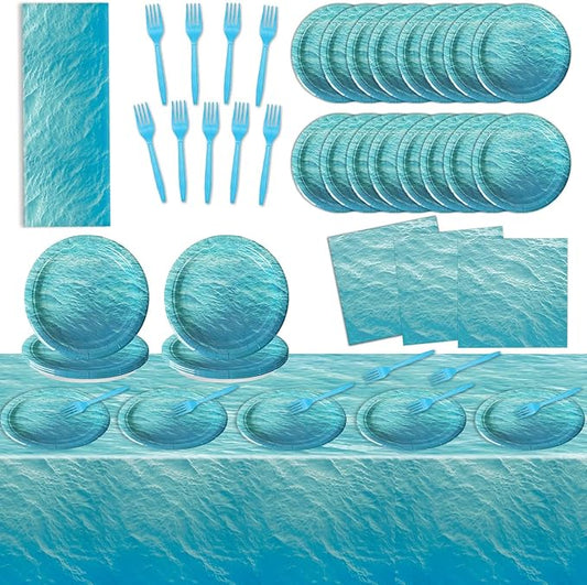 gisgfim Ocean Sea Birthday Party Supplies Ocean Waves Party Tableware Includes Ocean Birthday Party Plates Napkins Fork and Ocean Sea Theme Tablecloth for Birthday Parties Decorations Set Serve 20
