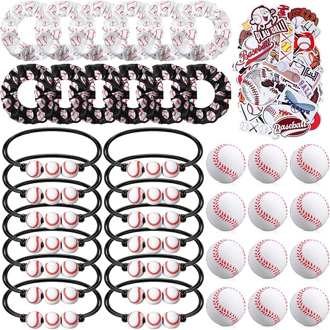 86 Pcs Baseball Party Favors 50 Sheets Baseball Stickers 12 Sports Stress Ball Mini Foam Baseball Ball, 12 Baseball Charm Bracelets, 12 Baseball Scrunchie Sports Valentines Baseball Gifts Supplies
