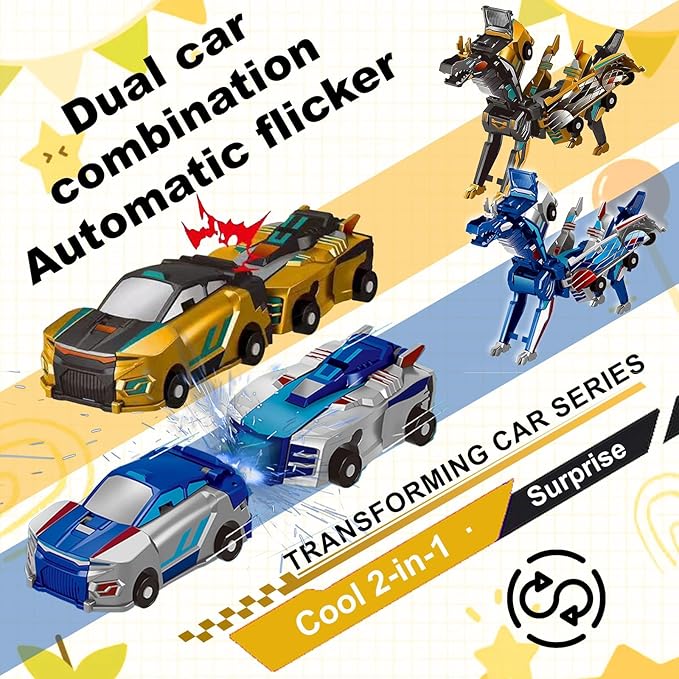 Aimery Collision Transforming Dinosaur Car Toy, 2 Magnetic Cars Convert into Dinosaur Toys,Dino Robot Toy, Boys Toys,Kids Toys, Party Birthday for Kids (Gold Blue)