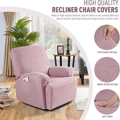 KinCam Recliner Covers, Stretch Reclining Chair Covers, Recliner Sofa Slipcovers Stripe Jacquard Recliner Couch Covers Furniture Protector Covers for Pet Kid (1 Seater, Pink)