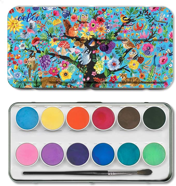 eeBoo: Tree of Life 12 Watercolors - Paint Set w Brush, Beautiful Design Tin Box, 12 Vibrant Colors, Kids Art Supplies, Ages 3+