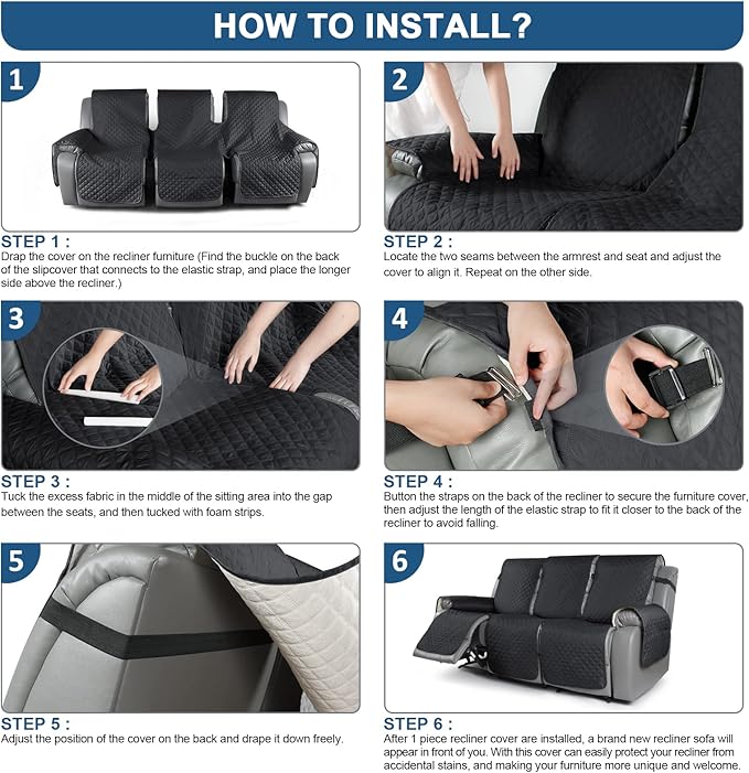 TAOCOCO Recliner Sofa Slipcover Couch Covers for 3 Cushion Couch, Pet Sofa Cover for 3 Seat Recliner Sofa, Washable Reclining Sofa Cover Furniture Protector with Elastic Straps(3 Seater, Black)