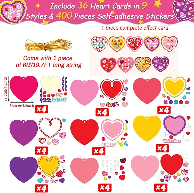 chiazllta 36 Set Valentine's Day Craft Kits DIY Heart Craft for Kids, Make Your Own Valentines Hearts Ornament Bulk Valentine's Day Paper Decorative Kit for Home Class Game Activities