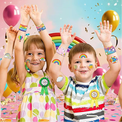 48PCS Rainbow Party Favors - 24PCS Tattoos & 24PCS Slap Bracelets - Unicorn & Rainbow Birthday Supplies, Magical Baby Shower Decorations, Classroom Prizes, Gifts for Girls