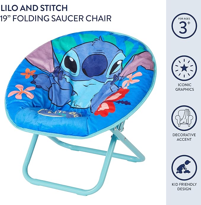 Idea Nuova Disney Stitch 19” Frame Folding Toddler Saucer™ Chair with Cushion, Ages 3+