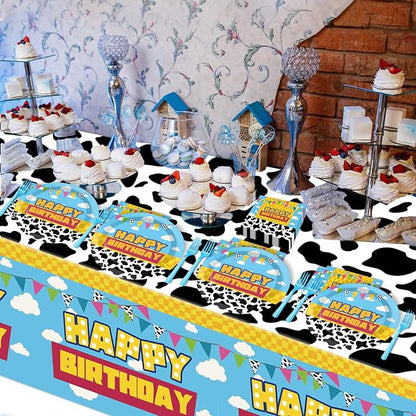 Cartoon Story Birthday Party Supplies Cow Print Party Tableware Includes Cartoon Story Party Plates Napkins Fork and Blue Sky White Clouds Tablecloth for Baby Show Parties Decorations Set Serve 20