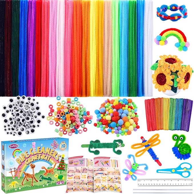 Funtopia 750pcs Pipe Cleaners Arts and Crafts Supplies for Kids, 20 Colors Chenille Stems with Craft Sticks & Pom Poms, DIY School Projects with 20 Simple Patterns Manual for Kids Ages 4 5 6 8 12