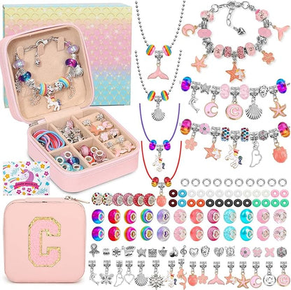 110 Charm Bracelet Making Kit, Jewelry Making Kit for Girls DIY Bead Necklace Kit with Initial Bracelet Box Unicorns Crafts Arts Girls Toys Age 8-12 Birthday Valentines Day Gifts for Kids - C