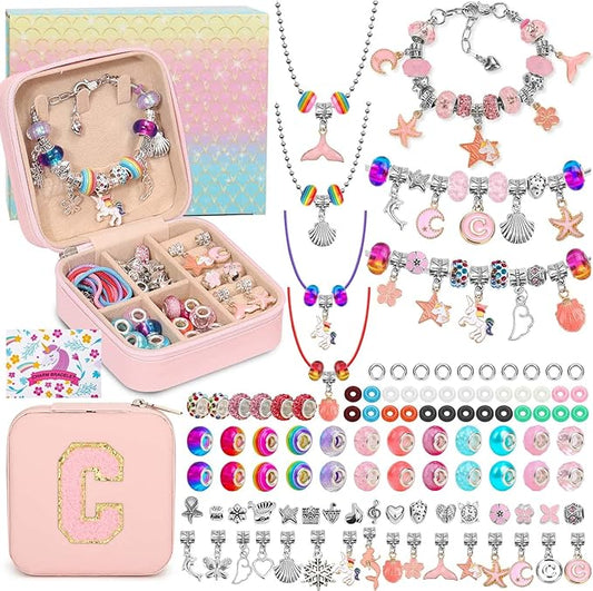 110 Charm Bracelet Making Kit, Jewelry Making Kit for Girls DIY Bead Necklace Kit with Initial Bracelet Box Unicorns Crafts Arts Girls Toys Age 8-12 Birthday Valentines Day Gifts for Kids - C