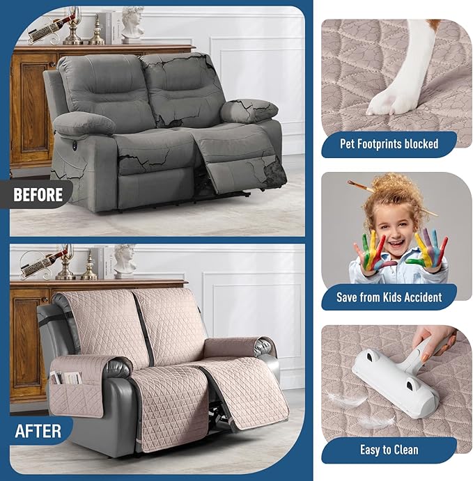 TAOCOCO 100% Waterproof Loveseat Recliner Cover-Recliner Cover with Non-Slip Granule, Recliner Chair Covers with Elastic Band,Washable Recliner Chair/Furniture Protector for Pets(Peach, 2 Seater)