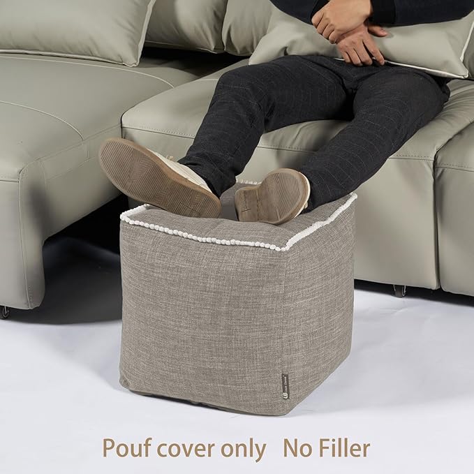Louis Donné Unstuffed Pouf Ottoman Cover Footstool Square Poofy Ottomans for Storage Foot Rest Floor Cushion Cotton Fabric Decorative for Replacement with Pom Trim Lace 45x45(Only Cover)