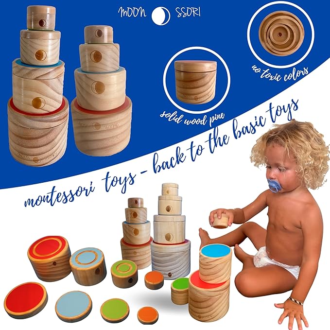 Montessori Wooden Stacking Boxes with Lids – Educational Toy for Toddlers – Fine Motor Skills & Sensory Development – Natural Wood Design – Cylindrical Stacking Set