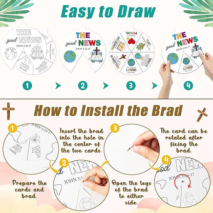 COcnny Religious Christian Craft Activities - 24 Sets John 3:16 Coloring Crafts for Kids, Color Your Own Bible Wheel Cards, DIY Jesus Biblical The Good News Art Paper Game for Sunday School Class Home