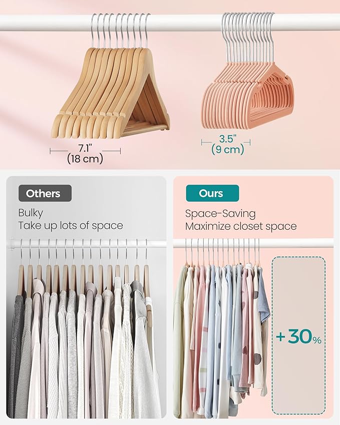 SONGMICS Kids Hangers 50 Pack, 14 x 8 Inches, Baby Hangers for Closet, Non-Slip Velvet Hangers, Childrens Hangers, Space-Saving Clothes Hangers, Wide Shoulder Notches, Coral Pink UCRF038R01