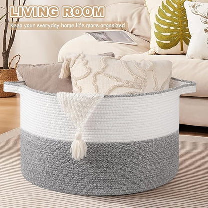 OIASKET XXL Large Blanket Basket with Handles, 105L Woven Storage Basket for Living Room, Cotton Rope Baby Toy Storage for Clothes, Pillows, Towels-Grey & White