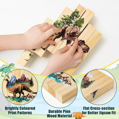 CJiangpo Wooden Dinosaur Chunky Puzzles - 4 in 1 Woodland Dinosaur Puzzle Blocks Sensory Toys for Toddlers 2+ Years, Realistic Animals Building Block Stacking Educational Toy Game for Boy Girl