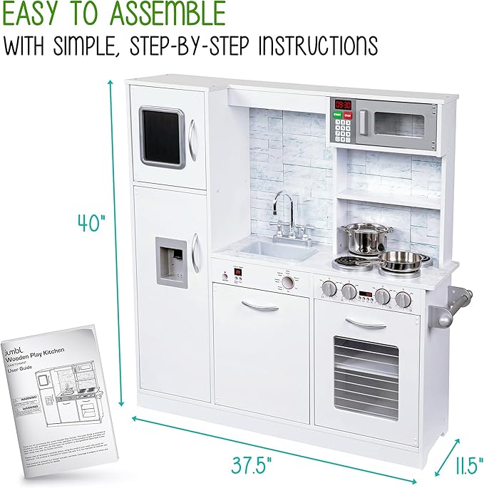 Lil' Jumbl Kids Kitchen Set, Pretend Wooden Play Kitchen, Battery Operated Icemaker & Microwave with Realistic Sound, Pots & Pan Included - White