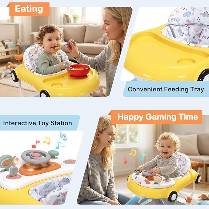5-in-1 Convertible Baby Walker with Steering Wheel Music Activity Center – Infant Rocker, Jumper, Push Walker, Bouncer & Feeding Foldable Walker for Ages 6-18 Months Boys Girls (Yellow Blue)