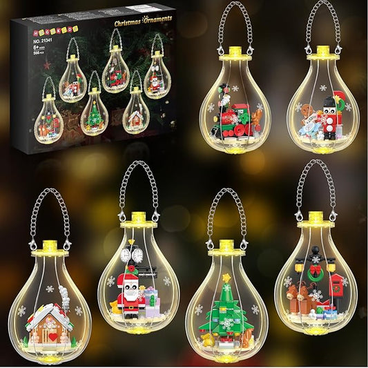 HOGOKIDS Christmas Building Sets with Lights - 6 Pack Christmas Tree Ornaments Santa Claus Gingerbread House Nutcracker Elk Building Toys Festival Decor Gifts for Adult Kids Boy Girl 6-12 Year(566PCS)