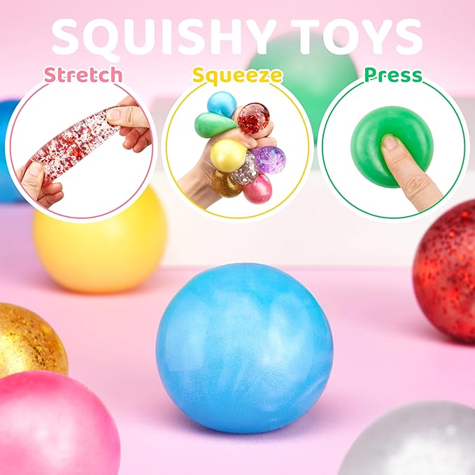 JOYIN 24 Pack Mini Stress Balls, Squishy Balls for Adults, Stress Relief Fidget Toys Bulk, Glitter Squeeze Sensory Toys for Kids, Party Favors, Birthday Gifts Goodie Bags Stuffers