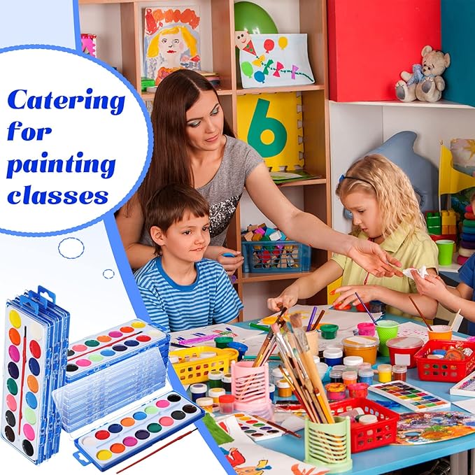 Jexine 48 Pieces Watercolor Paint Sets for Valentine's Day Gifts 16 Washable Water Color Paints Washable Bulk with Paintbrushes for Valentine School Classroom Birthday Gift Art Party Favors