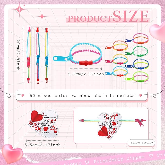 Sratte 50 Pcs Valentine's Day Neon Friendship Bracelets Bulk with 50 Pcs Heart Card for Valentine's Gifts Birthday Goodie Bag Stuffers(Resin,Zipper Bracelet)