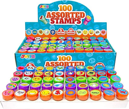 JOYIN 100PCS Assorted Stamps for Kids Self-Ink for Party Favor, Teacher Stamps, Kids Treasure Box, Prize for Classroom, Easter Egg Stuffers (50 Designs, Dinosaur, Halloween Stampers)