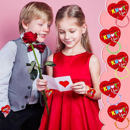 100 Pack Valentine Knot Bracelets with Card Student Valentine Gifts from Teacher Bulk Kids Friendship Bracelets Will Knot Be The Same Without You Classroom Exchange Cards for Party Favors